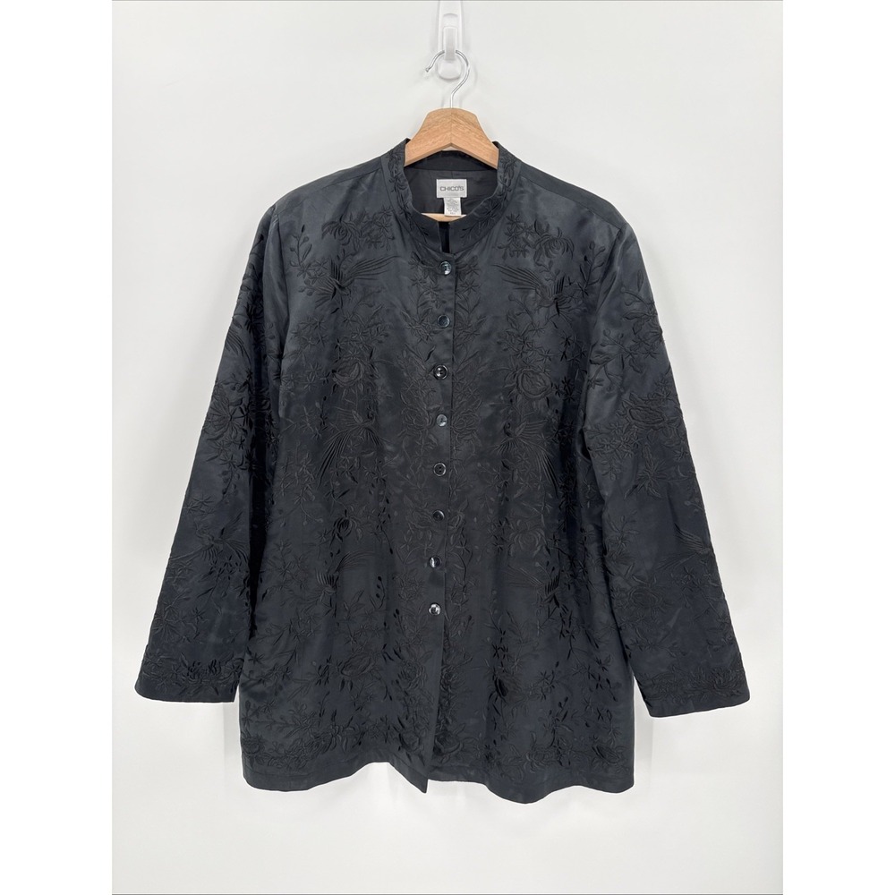 Chico's Womens Black Embroidered Silk Floral Jacket Size 3/XL Asian Style